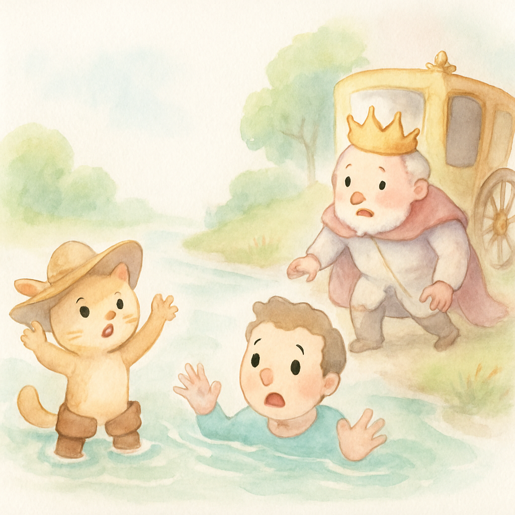 주인이 강에 빠진 척하고 고양이가 도움을 청하며 왕의 마차가 멈춘 장면